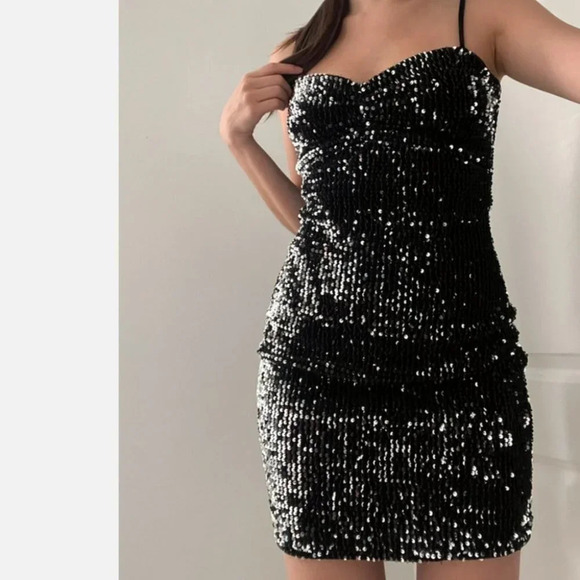 Zara Sequin Mini Dress Black Silver Size Small - Picture 5 of 10